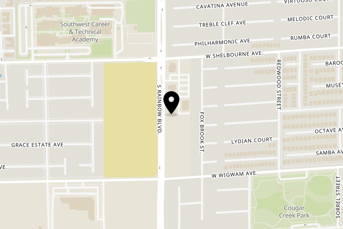 Map showing the location of Dirt Dog Las Vegas Rainbow on 8390 S Rainbow Blvd #100 in Las Vegas